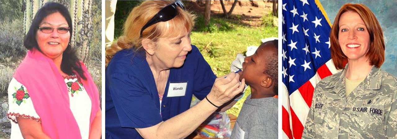 dental assistants helping child patient and in air force uniform